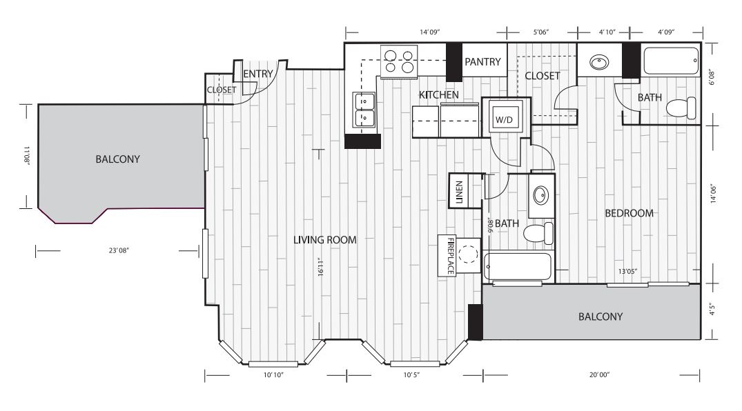 Floor plan for 1 bed, 2 baths, 1115 sqft